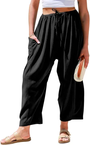 TARSE Womens Linen Wide Leg Pants Casual Loose Drawstring Summer Beach Travel Vacation Palazzo Harem Pants with Pockets