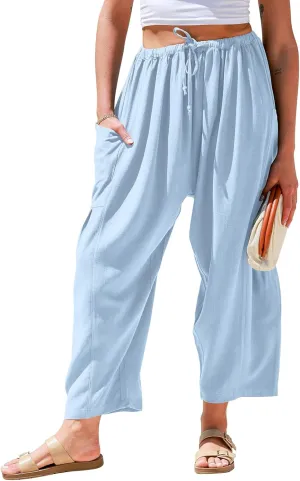 TARSE Womens Linen Wide Leg Pants Casual Loose Drawstring Summer Beach Travel Vacation Palazzo Harem Pants with Pockets