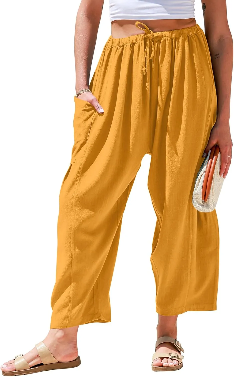 TARSE Womens Linen Wide Leg Pants Casual Loose Drawstring Summer Beach Travel Vacation Palazzo Harem Pants with Pockets
