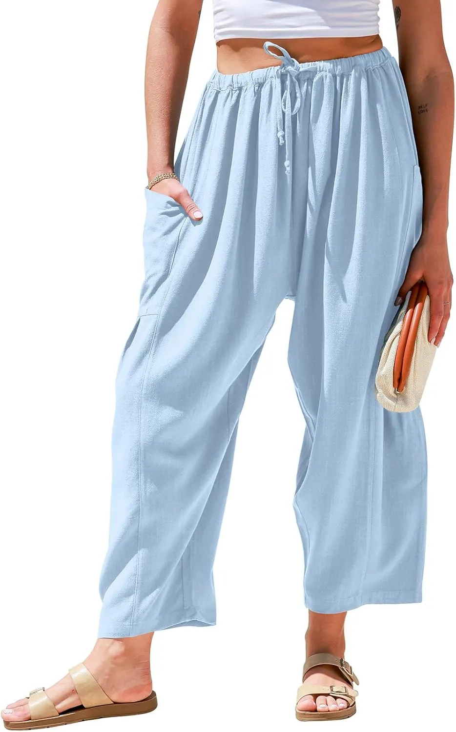 TARSE Womens Linen Wide Leg Pants Casual Loose Drawstring Summer Beach Travel Vacation Palazzo Harem Pants with Pockets