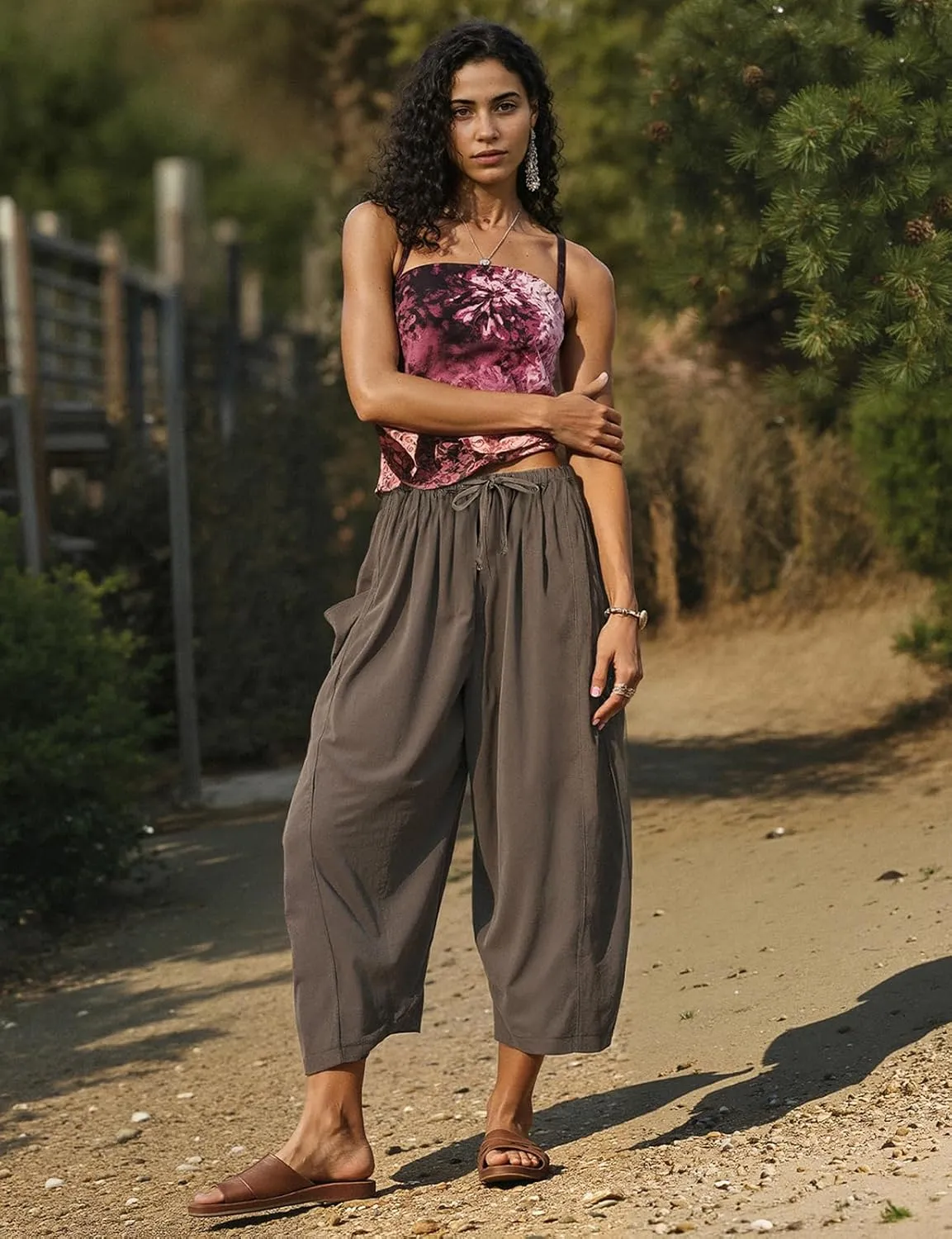 TARSE Womens Linen Wide Leg Pants Casual Loose Drawstring Summer Beach Travel Vacation Palazzo Harem Pants with Pockets