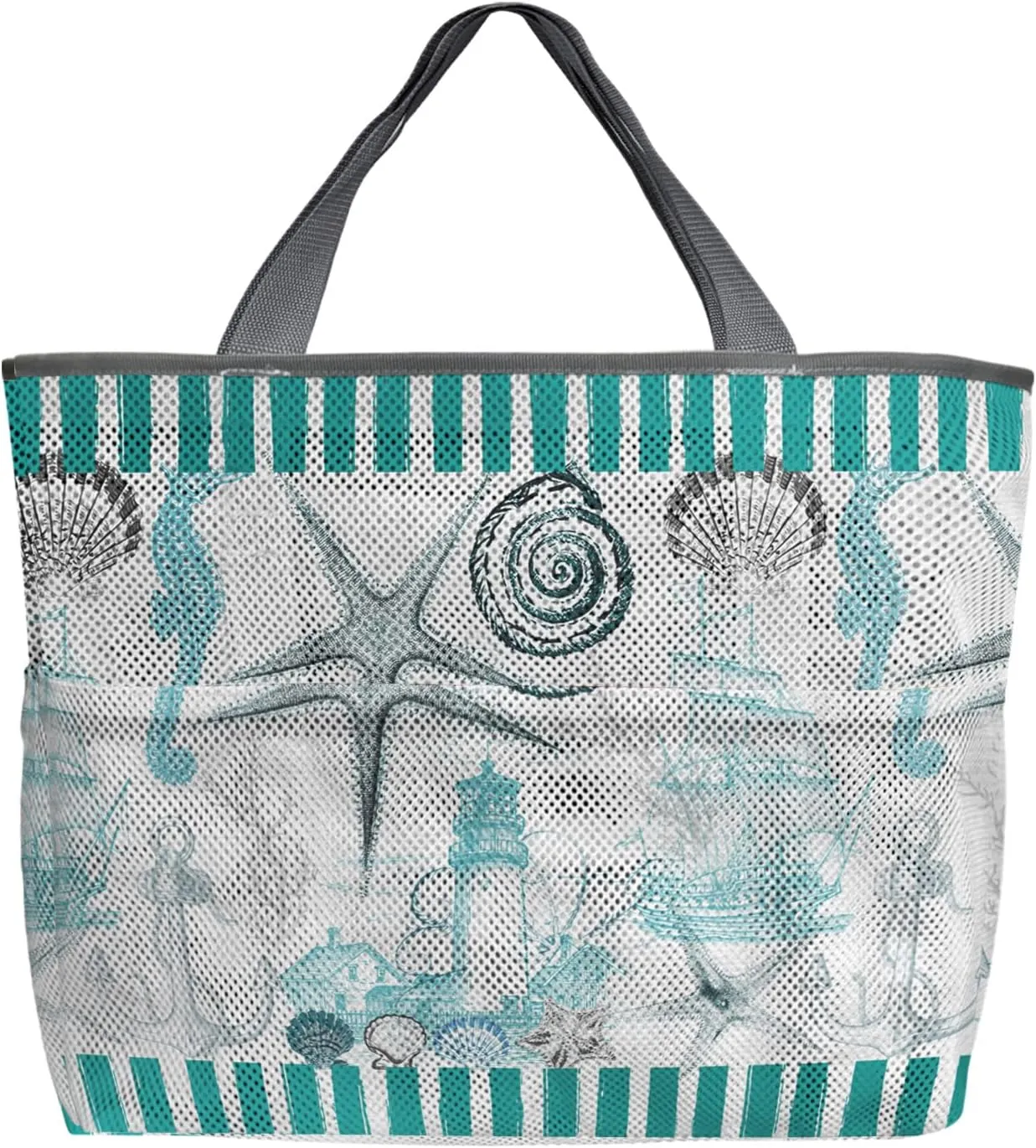 Teal Summer Beach Beach Tote Bag for Women, Ocean Nautical Seashell Starfish Coastal Mesh Beach Bags Waterproof Sandproof, Outdoor Picnic Swim Pool Handbag - Large Beach Bag with Zipper and Pockets