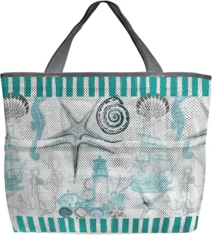 Teal Summer Beach Beach Tote Bag for Women, Ocean Nautical Seashell Starfish Coastal Mesh Beach Bags Waterproof Sandproof, Outdoor Picnic Swim Pool Handbag - Large Beach Bag with Zipper and Pockets