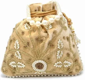 Teal Velvet Floral Embroidered Potli Bag | Pearl Handle Traditional Ethnic