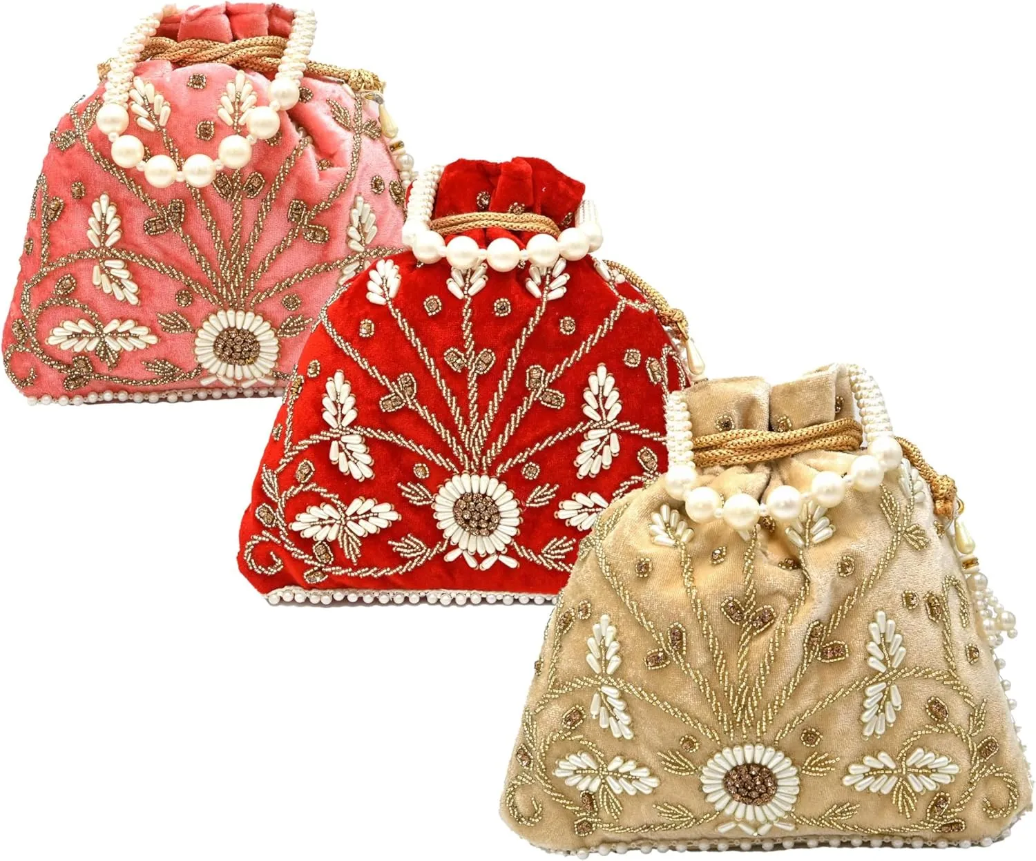 Teal Velvet Floral Embroidered Potli Bag | Pearl Handle Traditional Ethnic