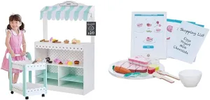 Teamson Kids Wooden Dessert Cart & Market Stand with 27-Pc. Pretend Food Tablet Set – Bakery & Grocery Playset with Baked Goods, Recipe Cards, & Wooden Cutting Food – Role Play for Toddlers Ages 3 