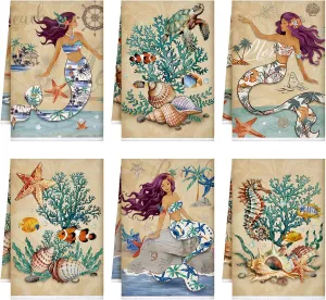 TecUnite 6 Pcs Mermaid Kitchen Towels Retro Sea Ocean Hand Dish Towels Beach Soft Absorbent 24 x 16 Inches Mermaid Themed Summer Kitchen Accessories Cute Tea Towel for Bathroom Gifts Decoration