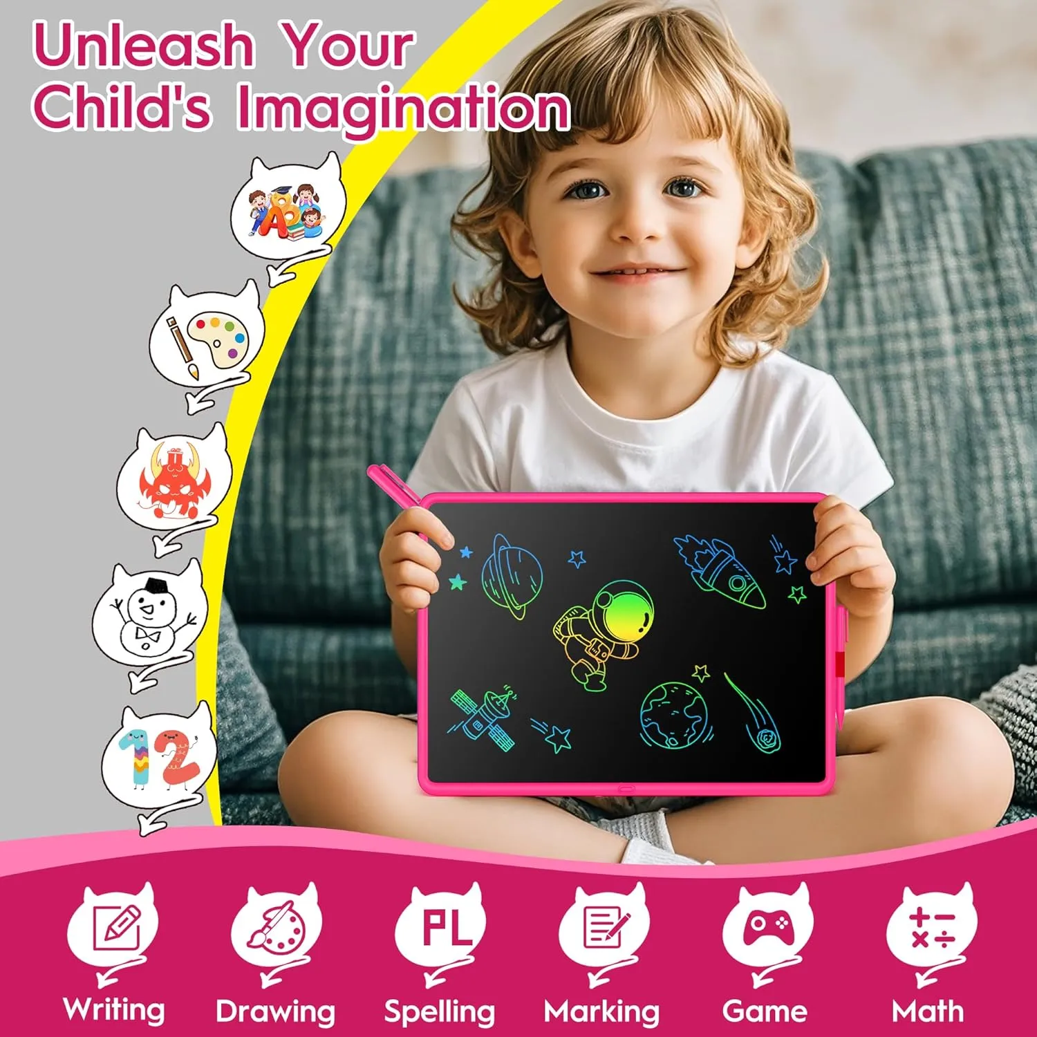 Teen Girl Birthday Gifts, 0 SMALL MODEL LCD Writing Tablet for Kids, Educational Toys for 3-10  Years, Toddler Toys for 1-2 Year Old, Large Rechargeable Doodle Board Pad, Easter Basket Stuffers (Pink)
