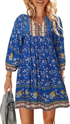 TEMOFON Women's Boho Mini Dress: Summer Floral 3/4 Long Sleeve V Neck Flowy Loose Casual Beach Dresses