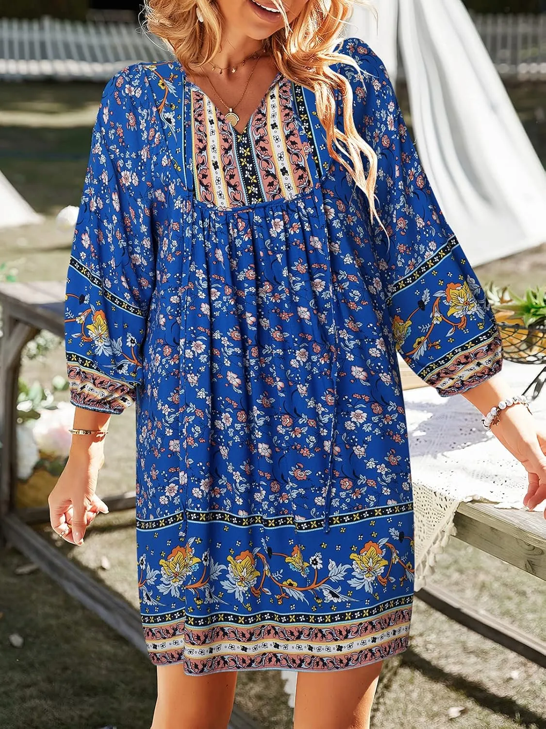 TEMOFON Women's Boho Mini Dress: Summer Floral 3/4 Long Sleeve V Neck Flowy Loose Casual Beach Dresses