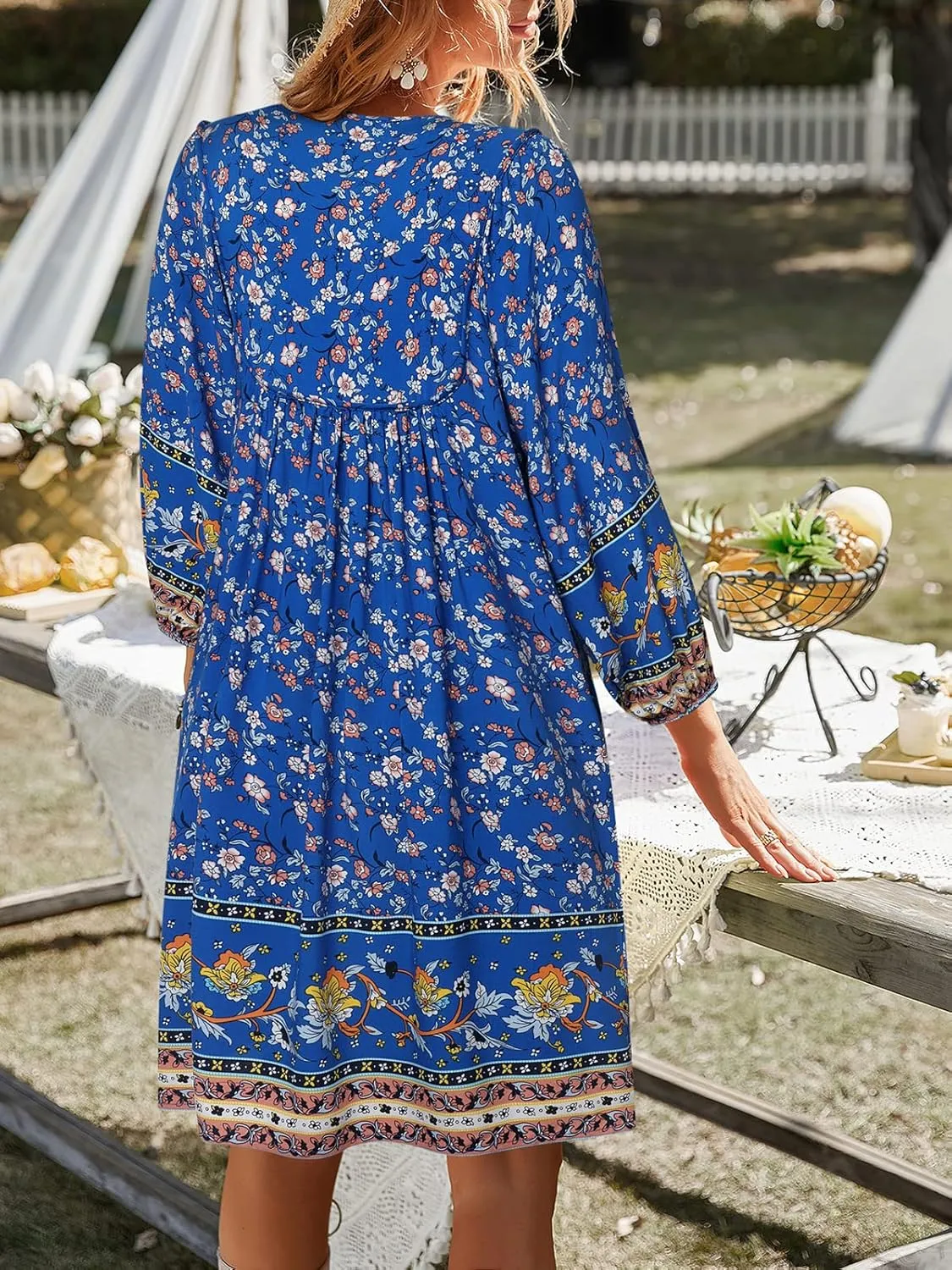 TEMOFON Women's Boho Mini Dress: Summer Floral 3/4 Long Sleeve V Neck Flowy Loose Casual Beach Dresses