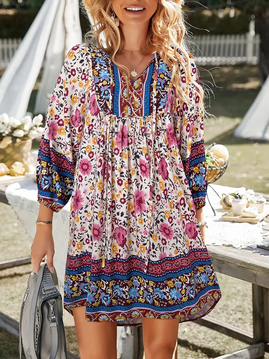 TEMOFON Women's Boho Mini Dress: Summer Floral 3/4 Long Sleeve V Neck Flowy Loose Casual Beach Dresses