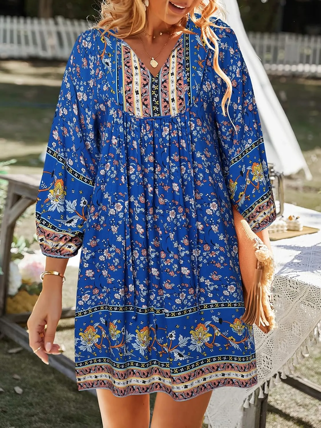 TEMOFON Women's Boho Mini Dress: Summer Floral 3/4 Long Sleeve V Neck Flowy Loose Casual Beach Dresses
