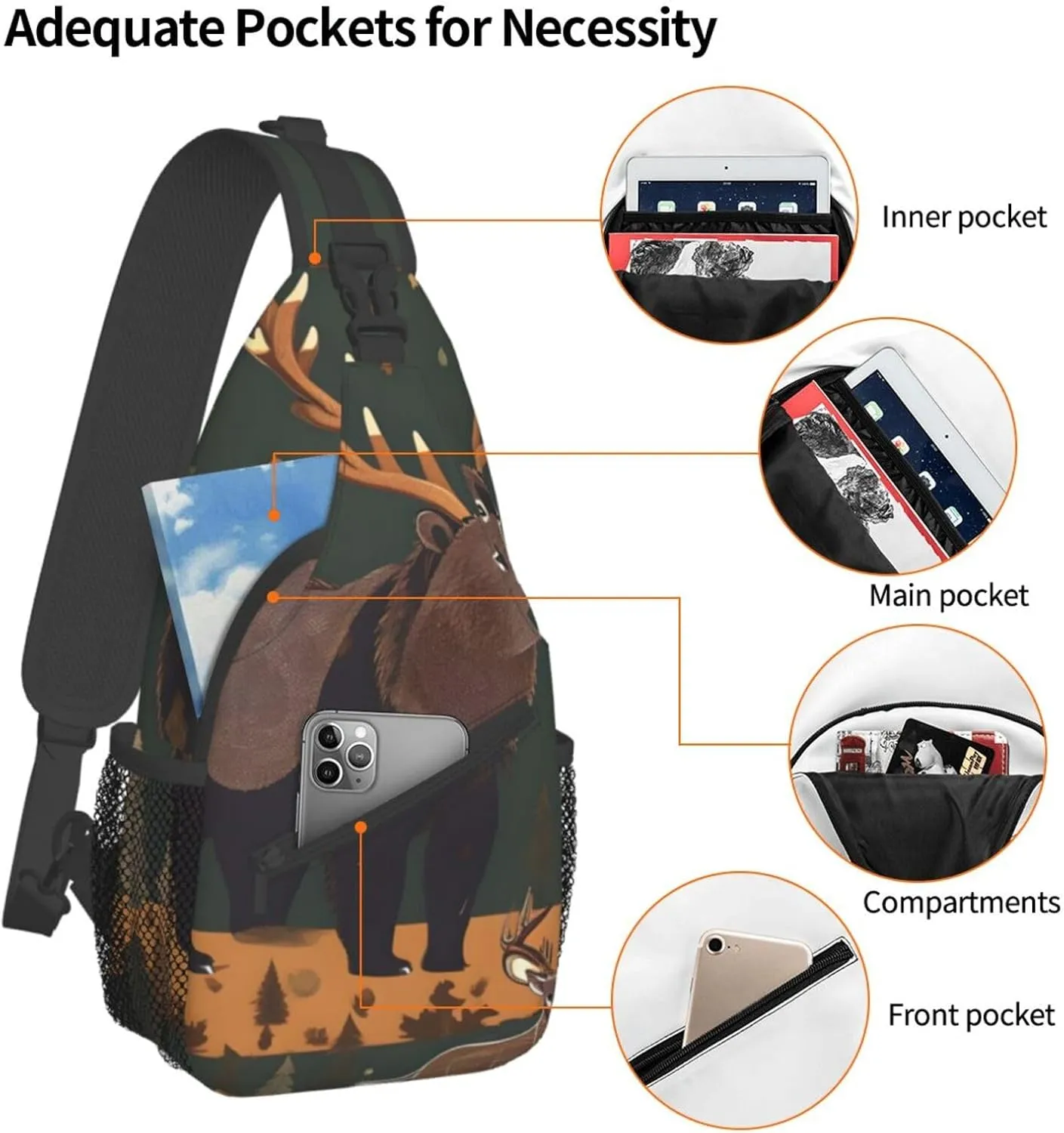 The Lodge Bear Deer Unisex Casual Diagonal Chest Bag,Multipurpose Crossbody Shoulder Bag Travel Hiking Daypack