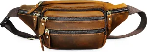 Thick Crazy Horse Leather Hiking Riding Travel Outdoor Belt Bag Fanny Waist Pack Small Phone Pouch For Men Women 380 (383 Brown)