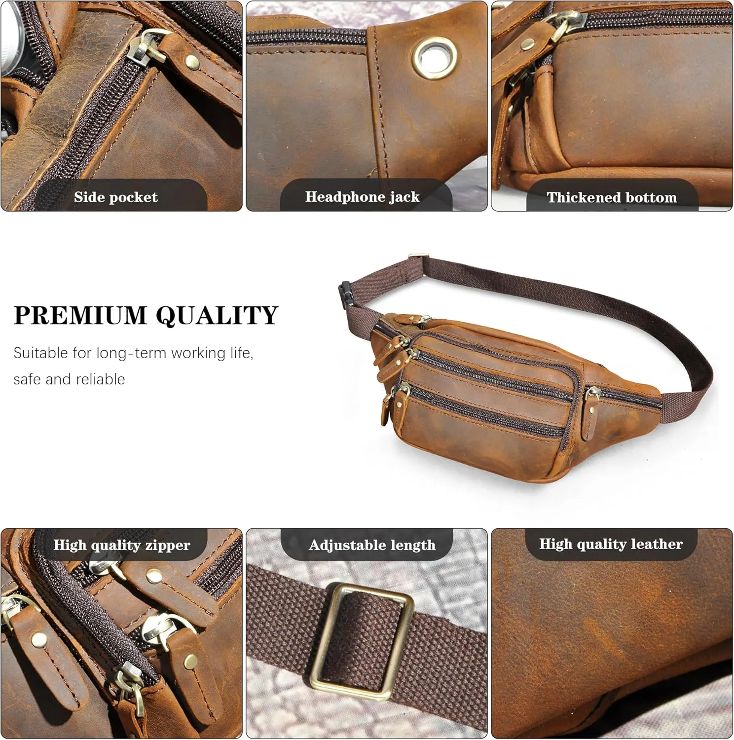 Thick Crazy Horse Leather Hiking Riding Travel Outdoor Belt Bag Fanny Waist Pack Small Phone Pouch For Men Women 380 (383 Brown)