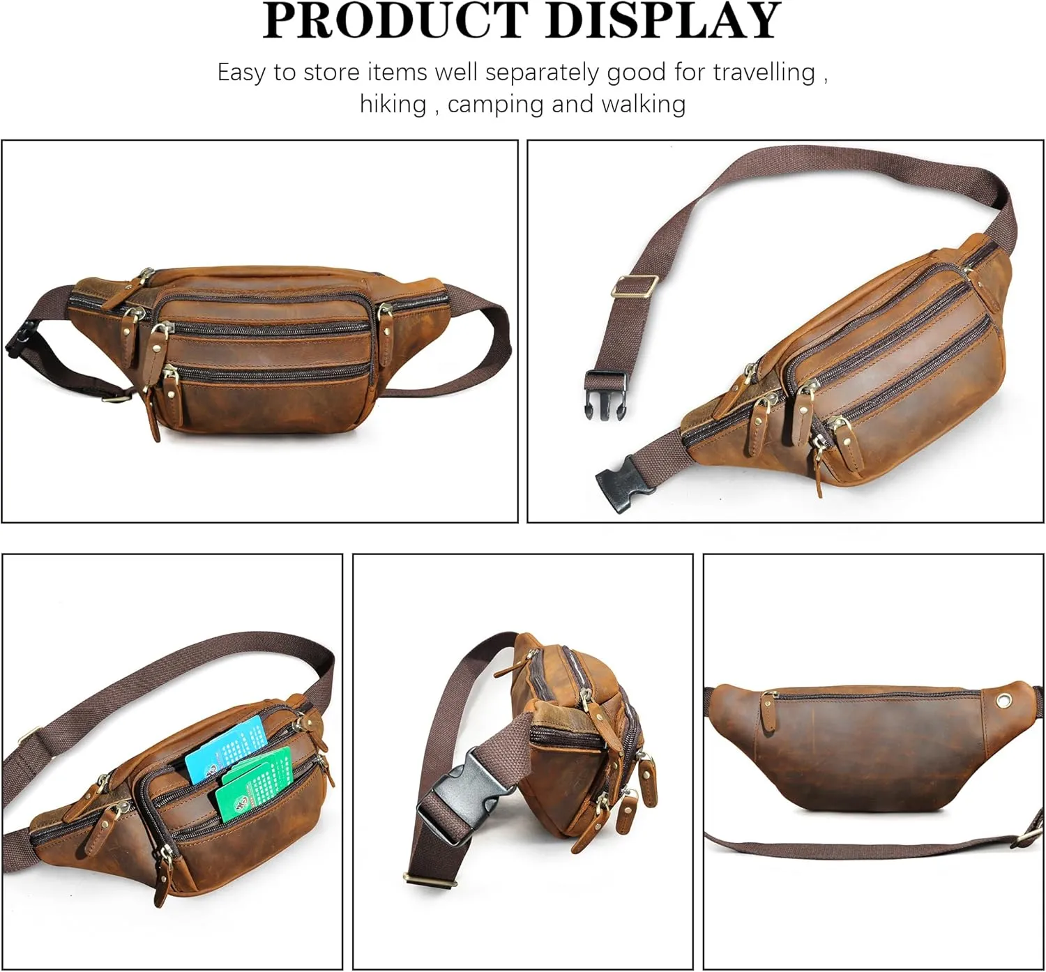 Thick Crazy Horse Leather Hiking Riding Travel Outdoor Belt Bag Fanny Waist Pack Small Phone Pouch For Men Women 380 (383 Brown)
