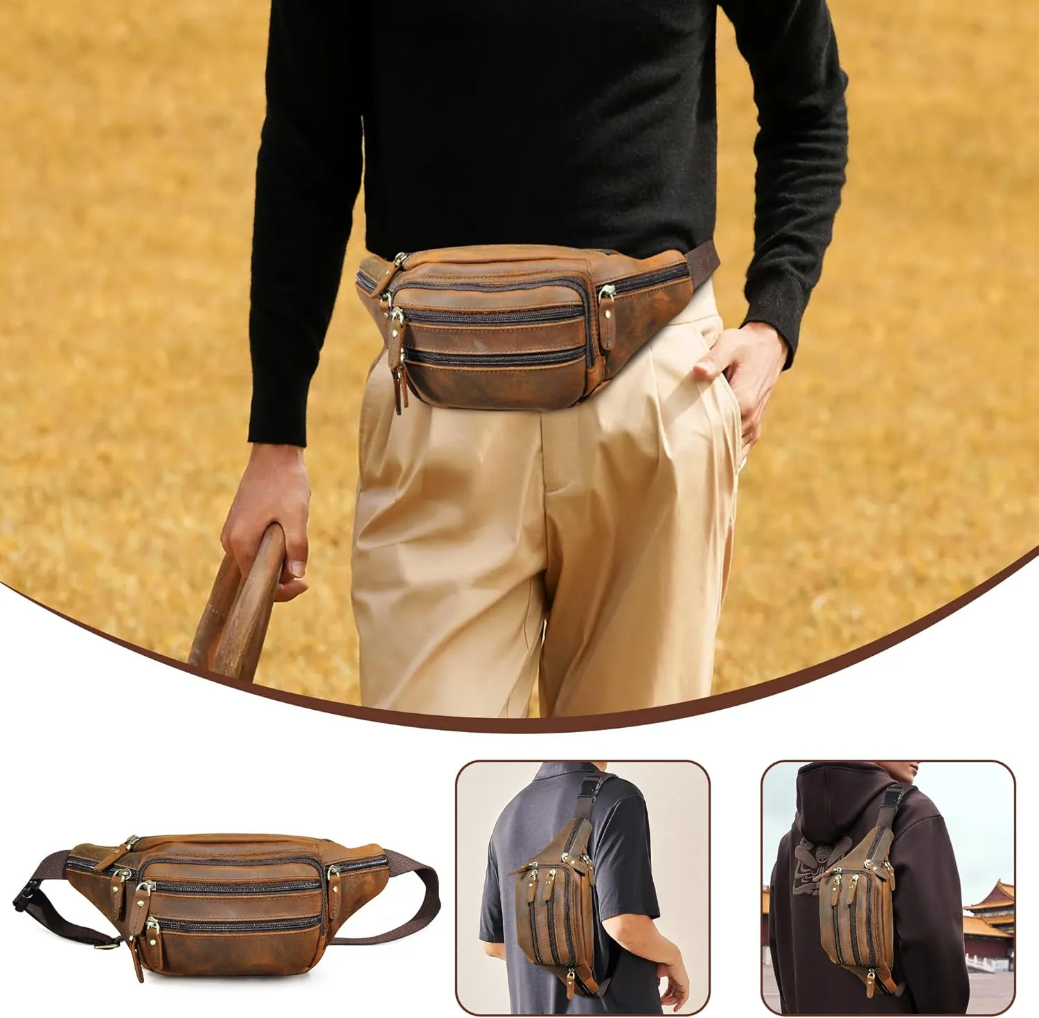 Thick Crazy Horse Leather Hiking Riding Travel Outdoor Belt Bag Fanny Waist Pack Small Phone Pouch For Men Women 380 (383 Brown)