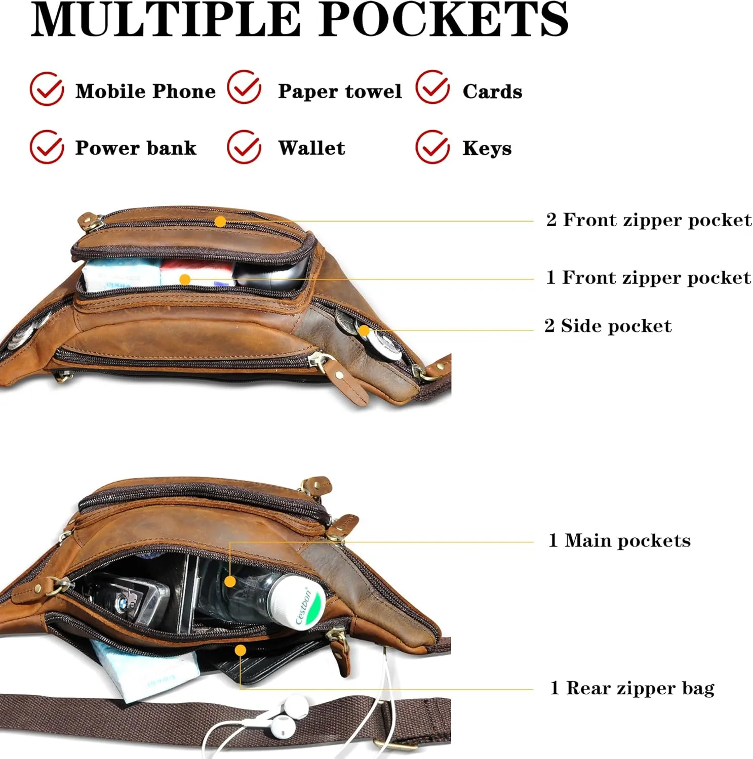 Thick Crazy Horse Leather Hiking Riding Travel Outdoor Belt Bag Fanny Waist Pack Small Phone Pouch For Men Women 380 (383 Brown)