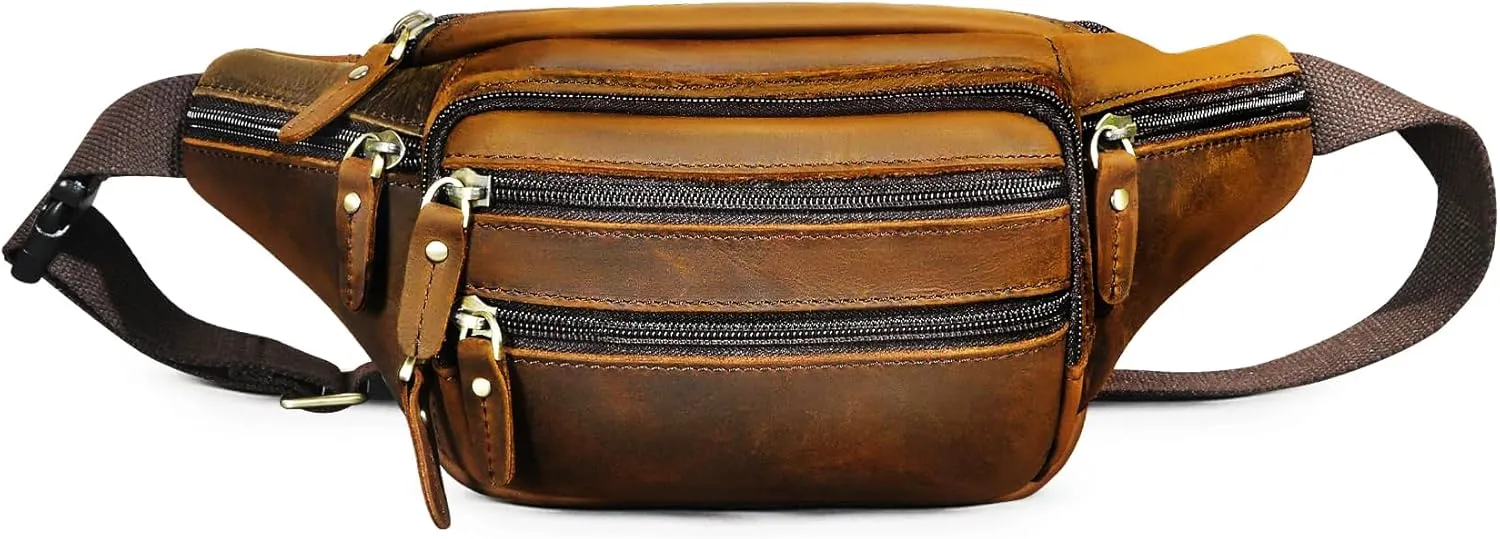 Thick Crazy Horse Leather Hiking Riding Travel Outdoor Belt Bag Fanny Waist Pack Small Phone Pouch For Men Women 380 (383 Brown)
