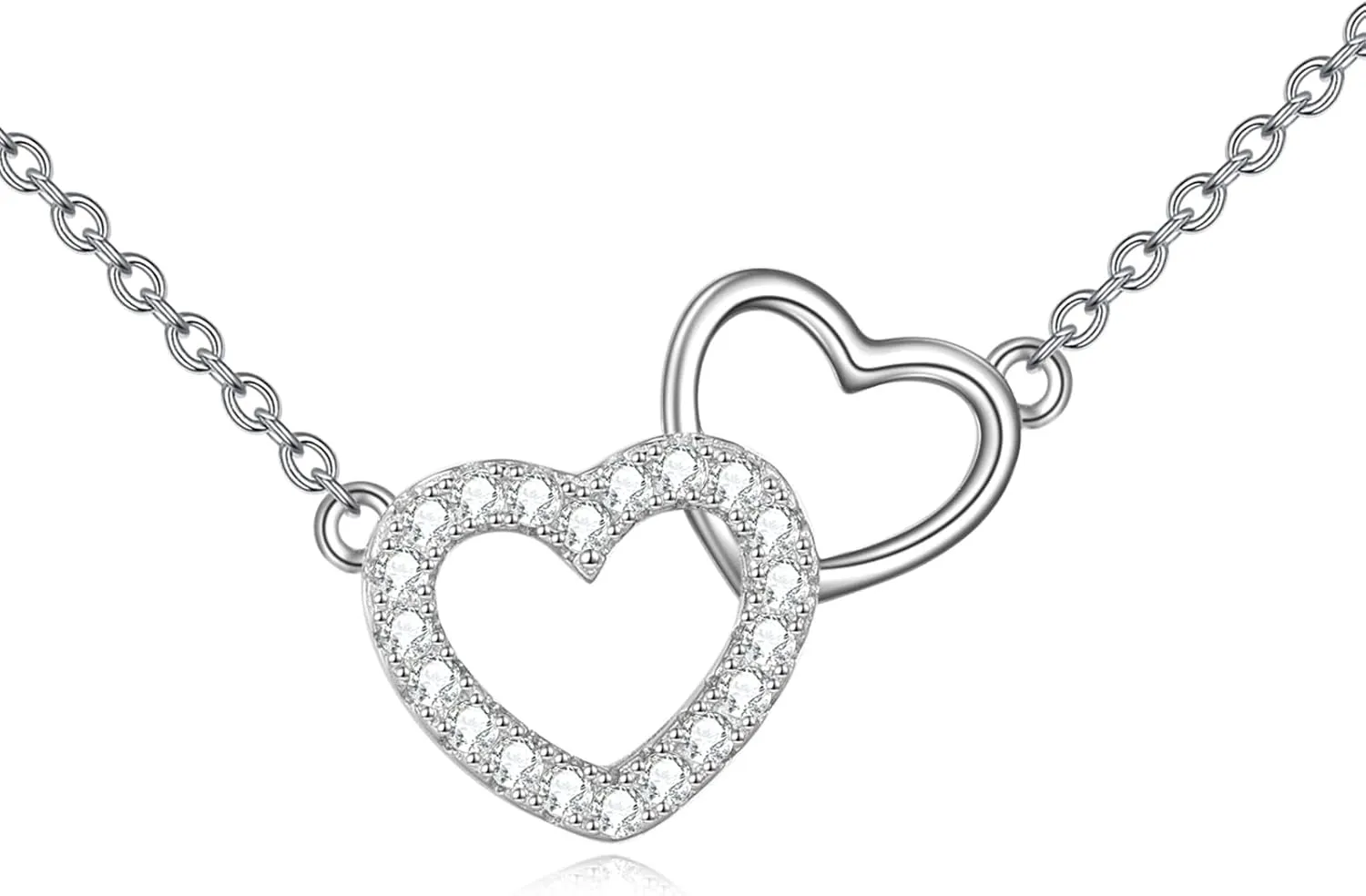 TIGER RIDER 925 Sterling Silver Double Heart Necklace for Women with Cubic Zirconia Valentines Christmas Birthday Jewelry Gifts for Mom Wife Girlfriend Daughter