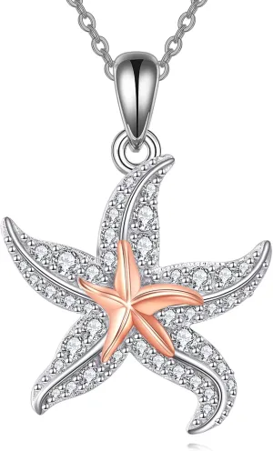 TIGER RIDER Ocean Necklace Sterling Silver Starfish Pendant Necklace Cubic Zirconia Starfish Jewelry Birthday Gifts for Women Ocean Lovers