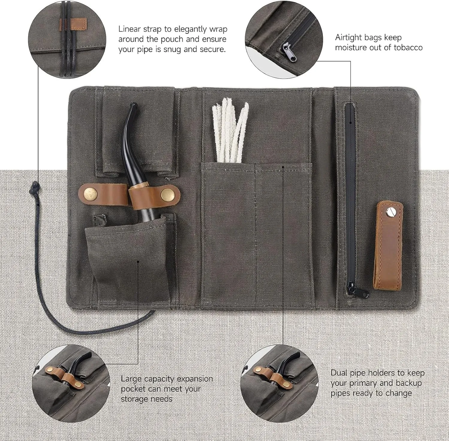Tobacco Smoking Pipe Pouch Waxed Canvas Pipe Roll,Tobacco Pipe Pouch Case Bag,Handmade Tobacco Pouch Smoking Pipe Storage Organizer with Tobacco Pipe Stand, Filters, Cleaning Tools(Not Include Pipes)