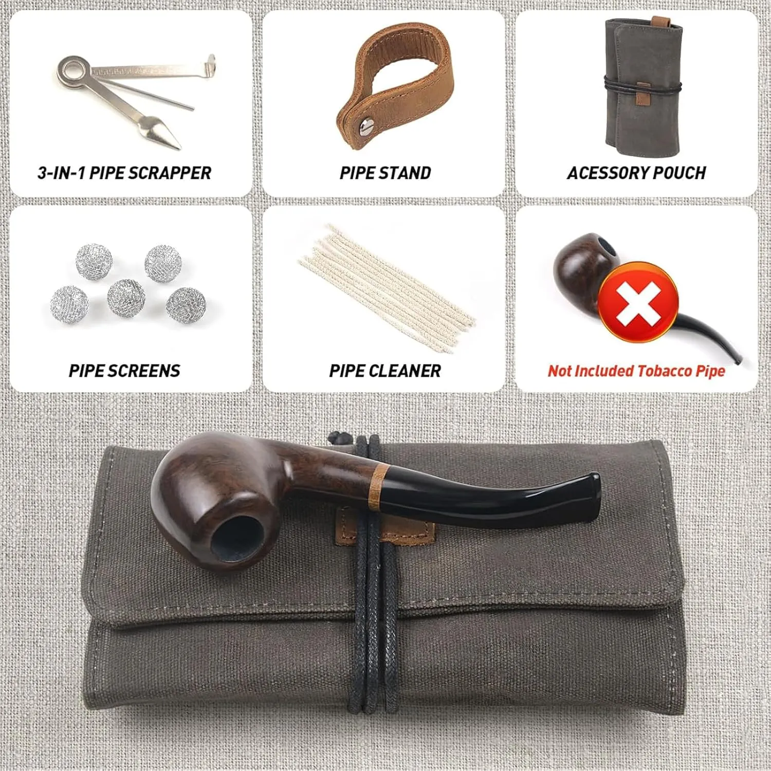 Tobacco Smoking Pipe Pouch Waxed Canvas Pipe Roll,Tobacco Pipe Pouch Case Bag,Handmade Tobacco Pouch Smoking Pipe Storage Organizer with Tobacco Pipe Stand, Filters, Cleaning Tools(Not Include Pipes)