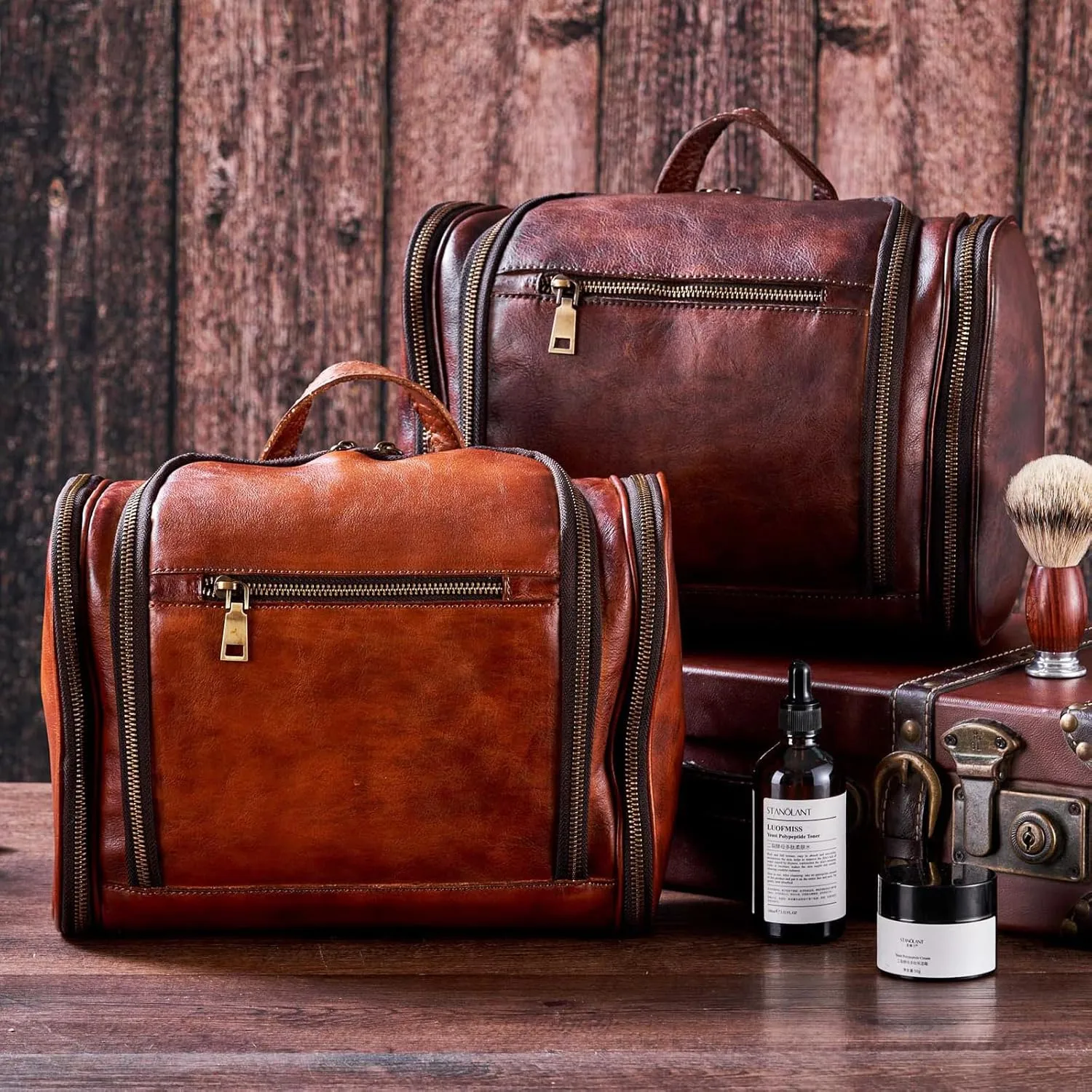 Toiletry Bag For Men, Genuine Leather Toiletries Organizer, Large Travel Hanging Toiletry Bag Water-resistant Bathroom Shaving Kit for Cosmetics, Makeup Case Travel Dopp Kit