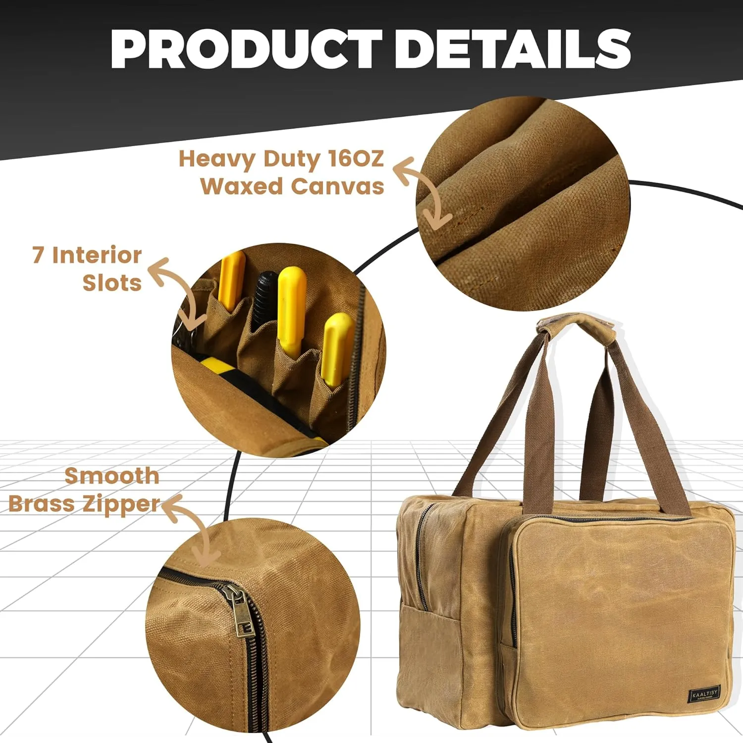 Tool Tote Bag - Large Capacity Tool Carrying Bag with 2 Zipper Pouches, Sustainable 16OZ Waxed Canvas Garden Tote for Gardening Set Hammer Level Goggles - Khaki - 15.5"L x 7.5"W x 11.5"H