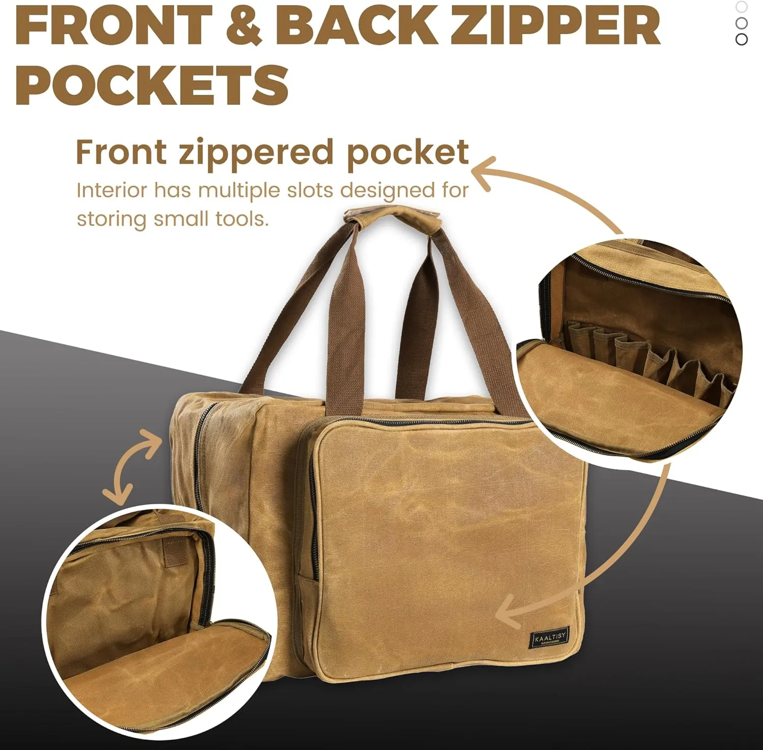 Tool Tote Bag - Large Capacity Tool Carrying Bag with 2 Zipper Pouches, Sustainable 16OZ Waxed Canvas Garden Tote for Gardening Set Hammer Level Goggles - Khaki - 15.5"L x 7.5"W x 11.5"H