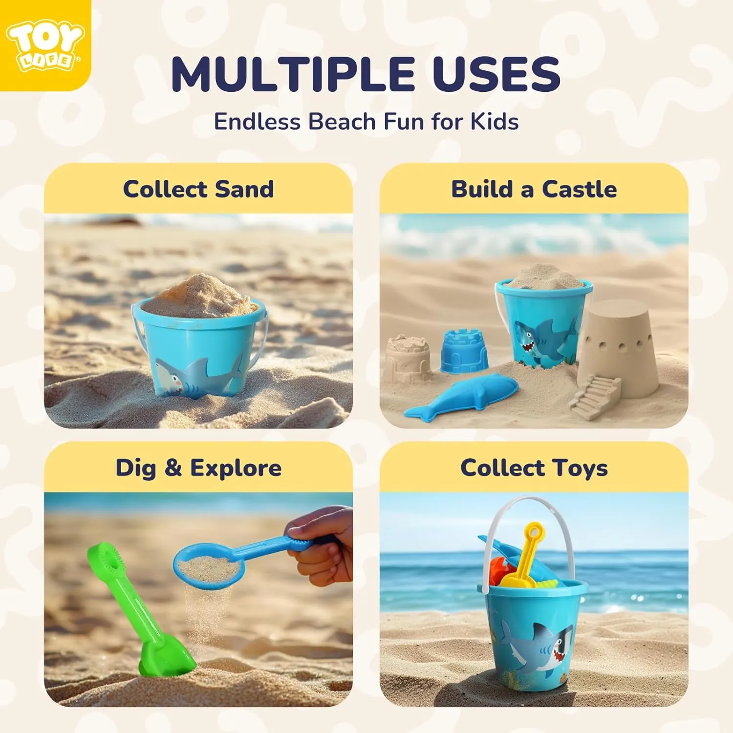 TOY Life Beach Sand Toys for Kids Toddlers - Shark Beach Toys for Kids 3-10, Toddler Sandbox Toy with Sand Bucket, Beach Shovels, Animal Molds Sand Castle Toys, Mesh Bag, Sand Toy for Toddler Boy Girl