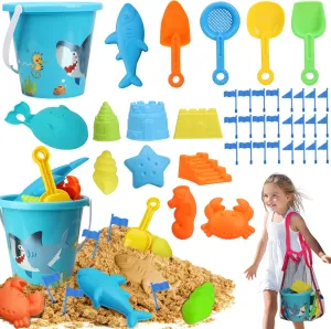 TOY Life Beach Sand Toys for Kids Toddlers - Shark Beach Toys for Kids 3-10, Toddler Sandbox Toy with Sand Bucket, Beach Shovels, Animal Molds Sand Castle Toys, Mesh Bag, Sand Toy for Toddler Boy Girl