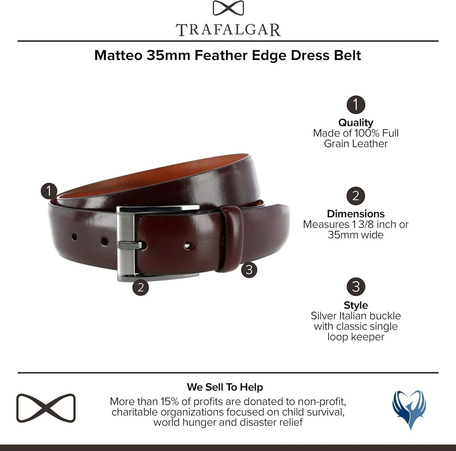 Trafalgar Men's Matteo 35mm Feather Edge Leather Dress Belt with Italian Buckle