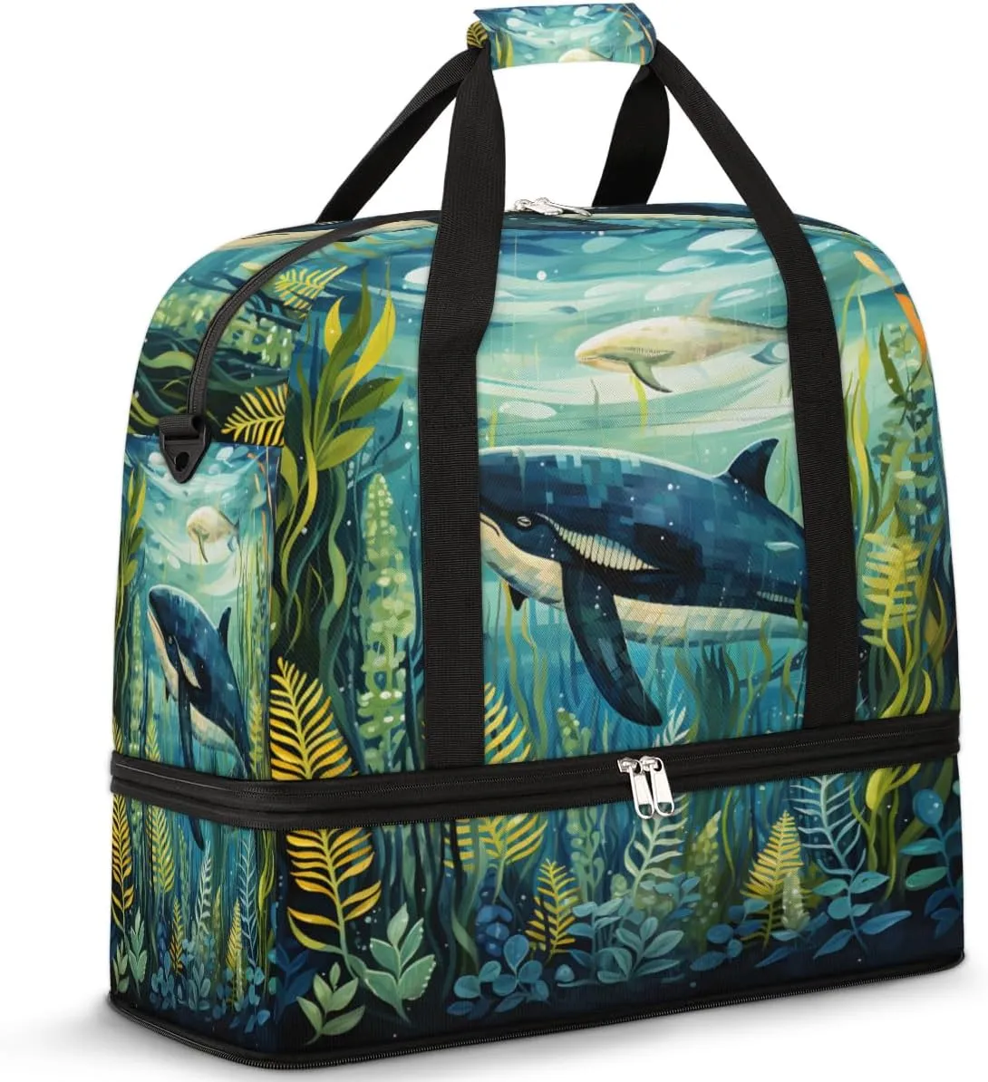 Travel Weekend Bag Ocean Animal Sports Tote Gym Bags for Women Men, Seaweed Shoulder Weekender Overnight Bag with Shoes