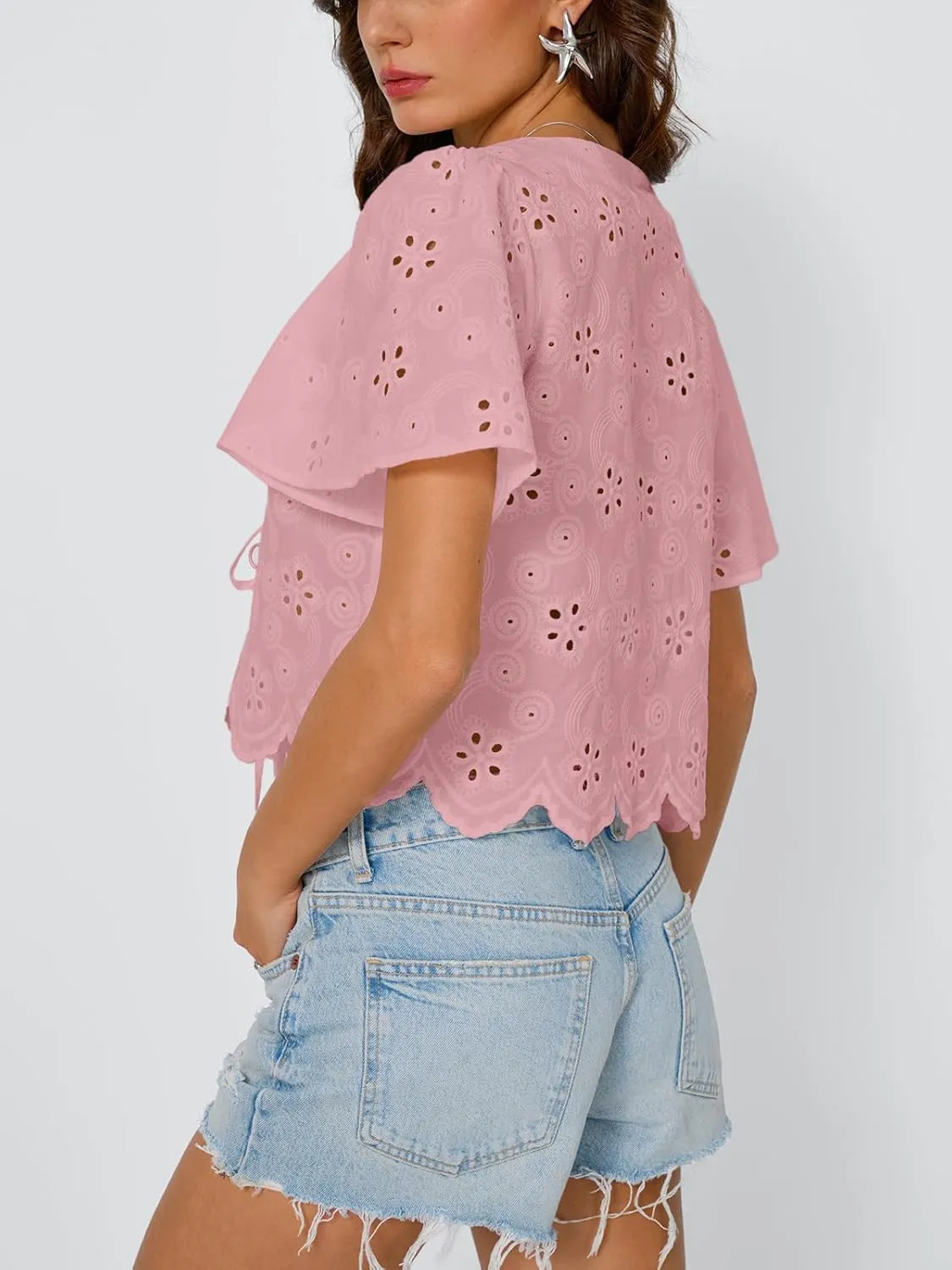 Trendy Queen Womens Tie Front Tops Summer Beach Vacation 2025 Fashion Outfits Short Sleeve Blouses Eyelet Embroidered Clothes