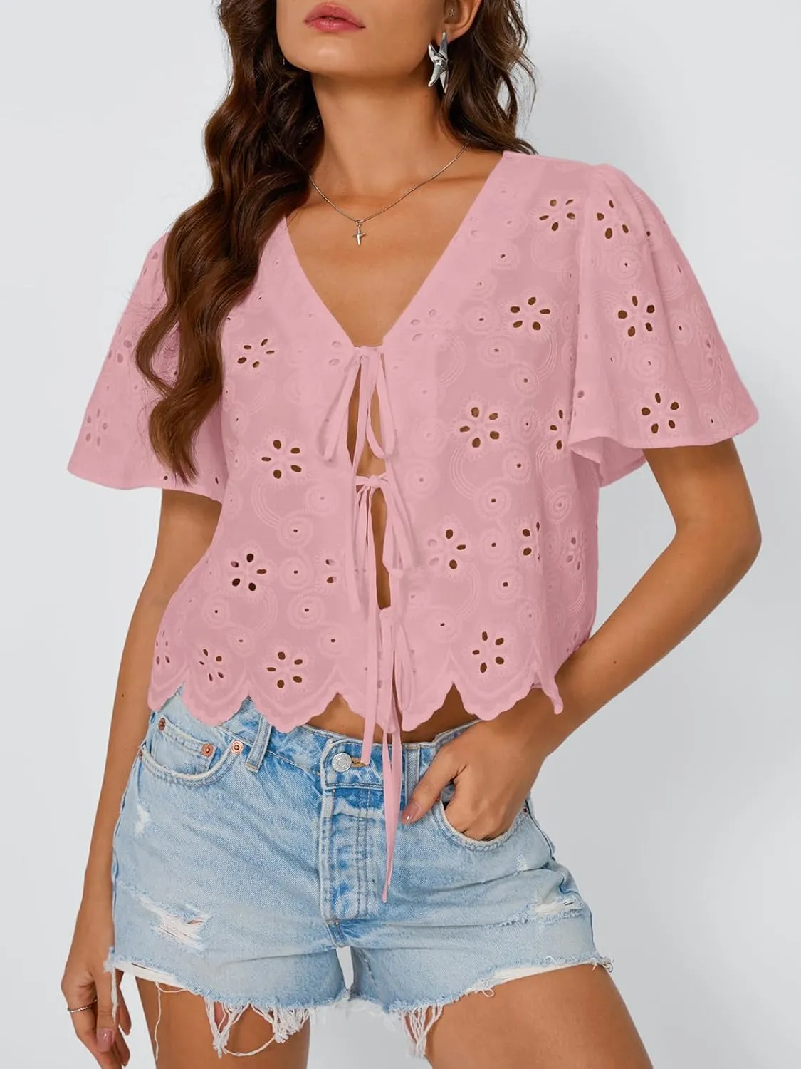 Trendy Queen Womens Tie Front Tops Summer Beach Vacation 2025 Fashion Outfits Short Sleeve Blouses Eyelet Embroidered Clothes