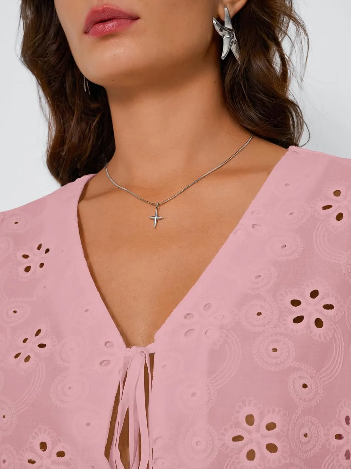 Trendy Queen Womens Tie Front Tops Summer Beach Vacation 2025 Fashion Outfits Short Sleeve Blouses Eyelet Embroidered Clothes