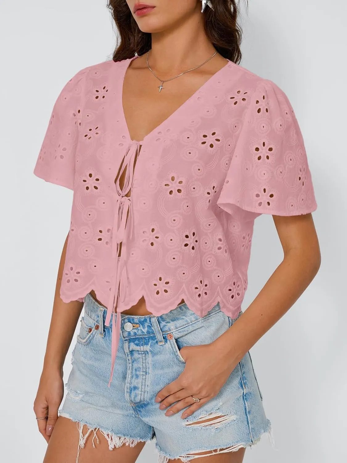 Trendy Queen Womens Tie Front Tops Summer Beach Vacation 2025 Fashion Outfits Short Sleeve Blouses Eyelet Embroidered Clothes