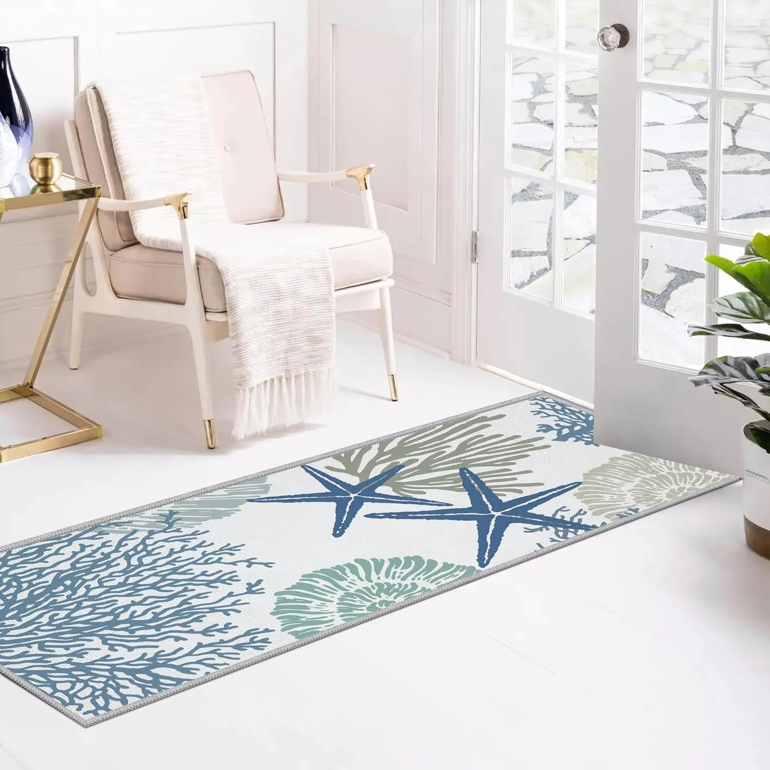 Tritard Coastal Runner Rug 2x6 Nautical Kitchen Hallway Rugs Beach Themed Non-Slip Indoor Floor Mat Machine Washable Rugs Carpet for Bathroom Living Room Bedroom Laundry Room Entryway, Blue