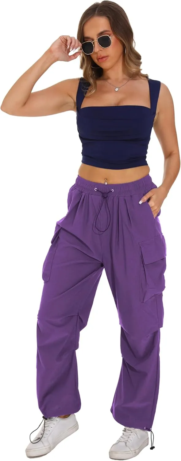 TSMNZMU Womens Baggy Cargo Pants Casual Hiking Trousers Loose Fit Parachute Pants Y2K Hight Waist Mutil Pocket Trousers