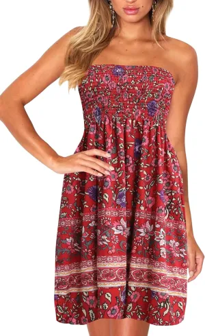 Tube Top Dress Boho Floral Beach Smocked Sundress Strapless Dress for Women Summer