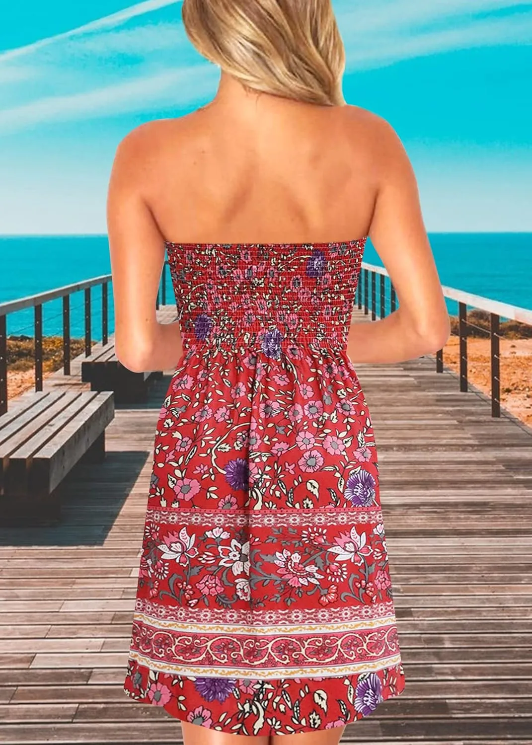 Tube Top Dress Boho Floral Beach Smocked Sundress Strapless Dress for Women Summer
