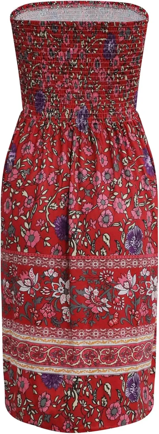 Tube Top Dress Boho Floral Beach Smocked Sundress Strapless Dress for Women Summer
