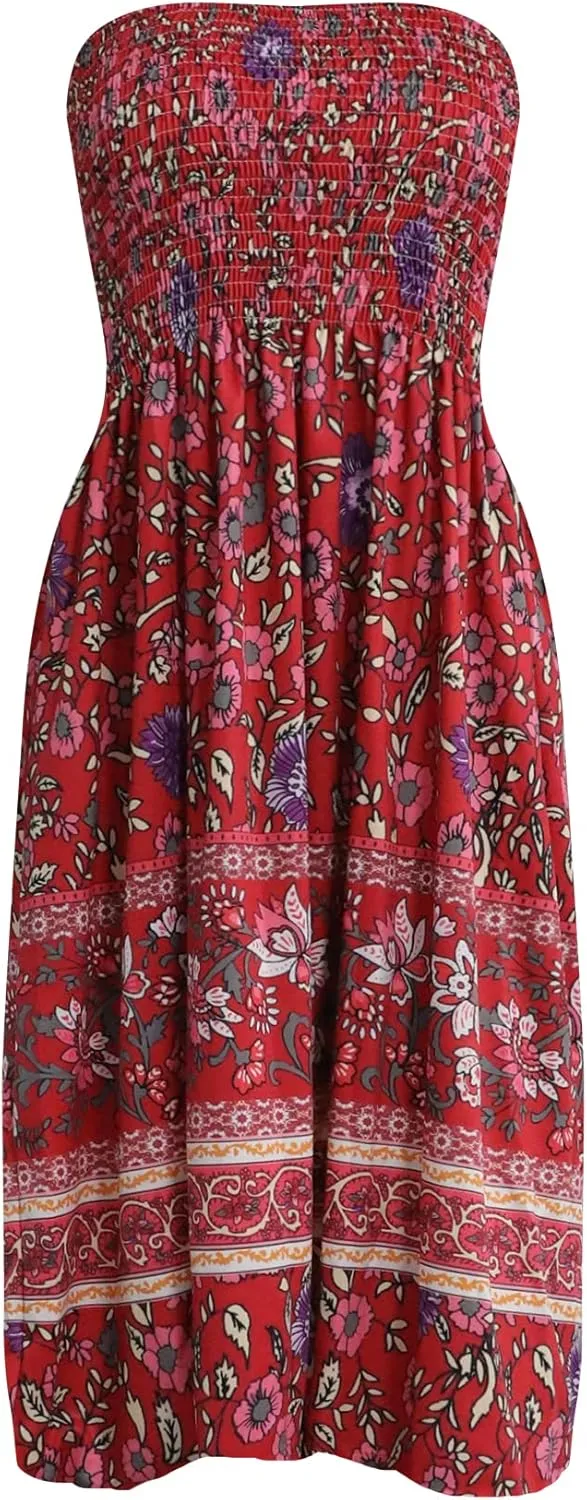 Tube Top Dress Boho Floral Beach Smocked Sundress Strapless Dress for Women Summer