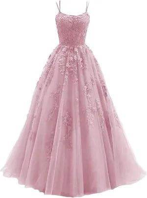 Tulle Spaghetti Straps Prom Dresses Long Lace Appliques Ball Gowns for Women