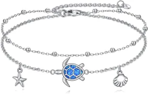 Turtle Anklet 925 Sterling Silver Starfish Shell Beach Ankle Bracelet Sea Turtle Adjustable Foot Jewelry for Women