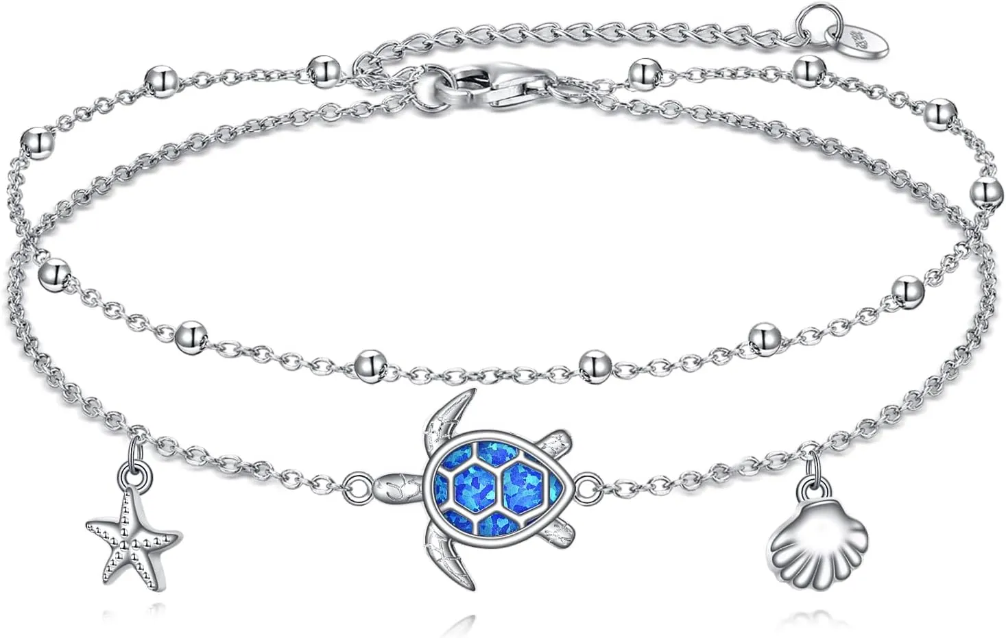 Turtle Anklet 925 Sterling Silver Starfish Shell Beach Ankle Bracelet Sea Turtle Adjustable Foot Jewelry for Women