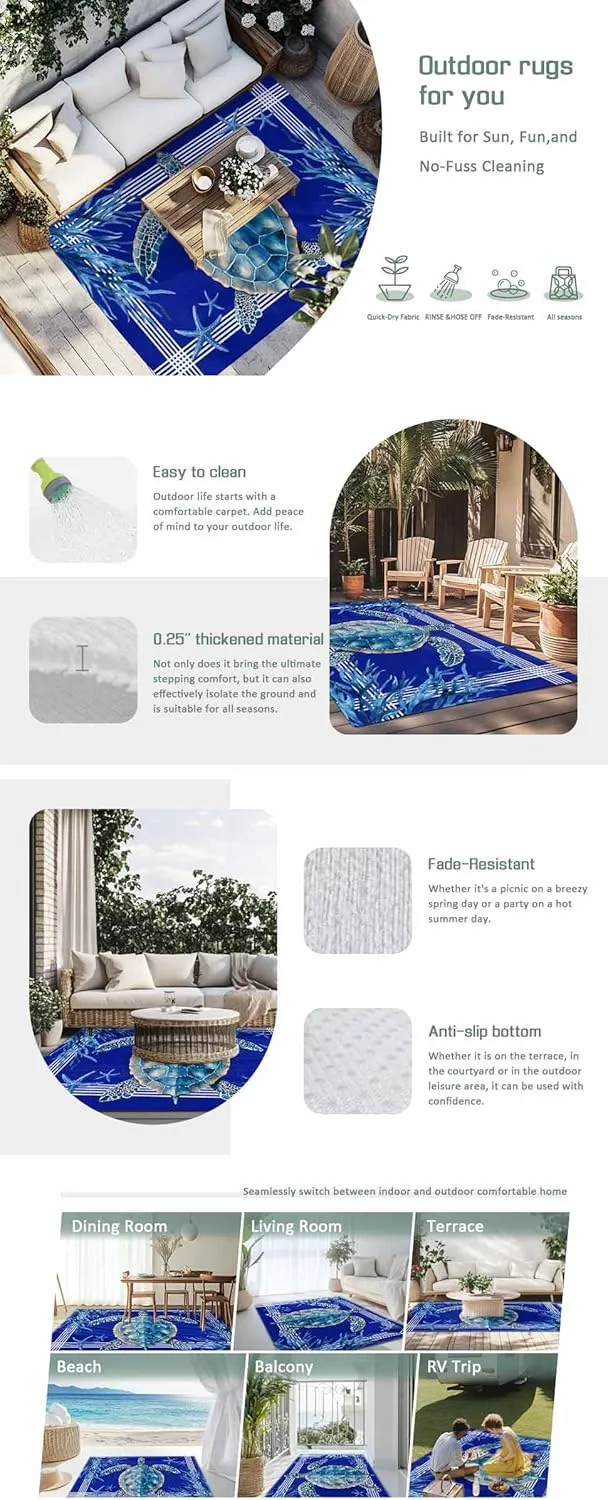 Turtle Navy Blue Outdoor Rug 6x9ft Large Patio Rug,Washable RV Camping Outside Area Runner Rug Mat,Coastal Starfish Coral Ocean Stripes Carpet for Picnic Backyard Deck Porch Balcony Beach & Indoor