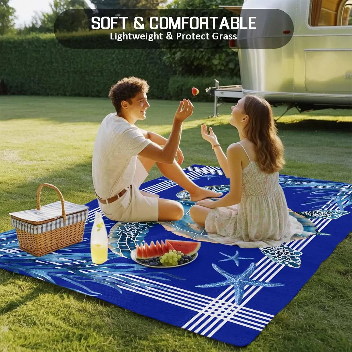 Turtle Navy Blue Outdoor Rug 6x9ft Large Patio Rug,Washable RV Camping Outside Area Runner Rug Mat,Coastal Starfish Coral Ocean Stripes Carpet for Picnic Backyard Deck Porch Balcony Beach & Indoor